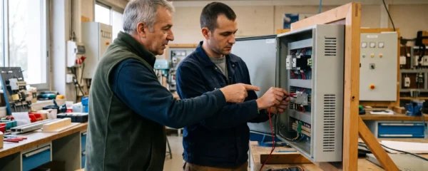 Formateur professionnel guidant un apprenant adulte lors d'une session pratique d'installation électrique dans un atelier de formation à Montpellier